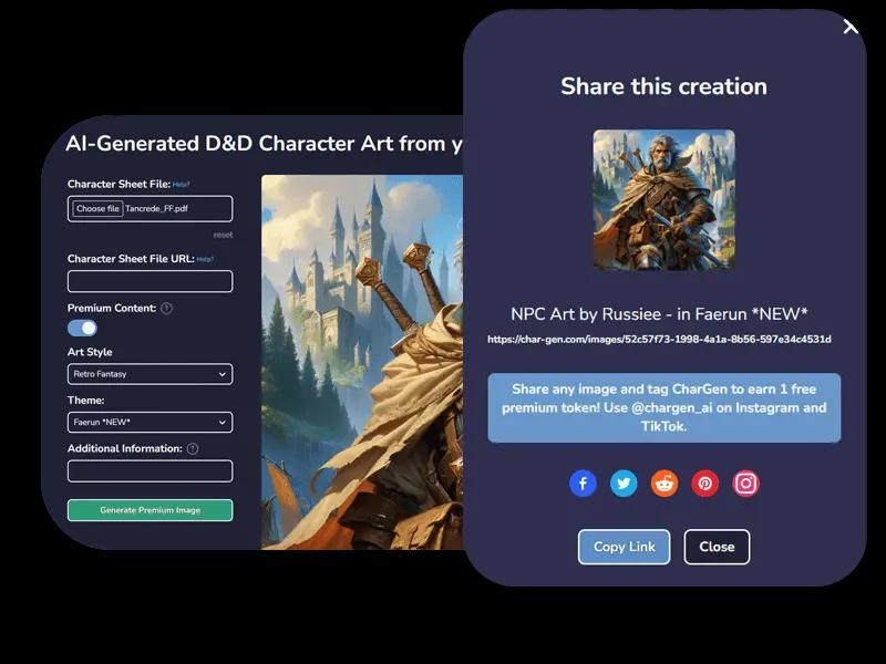 User interface showcasing an easy way to share AI-generated characters with the community using our AI character creator.